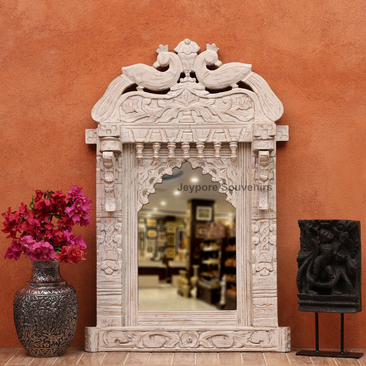 Vintage Peacock Design Jharokha Wall Mirror with Distressed White Finish