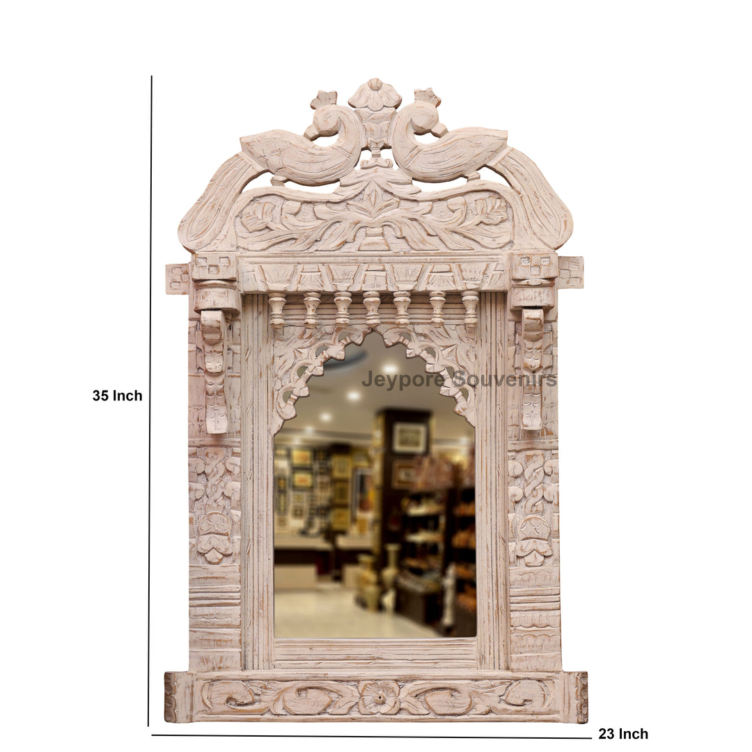 Vintage Peacock Design Jharokha Wall Mirror with Distressed White Finish