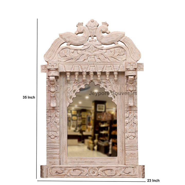 Vintage Peacock Design Jharokha Wall Mirror with Distressed White Finish