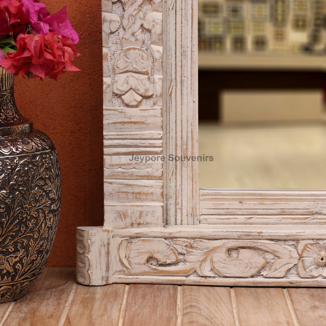 Vintage Peacock Design Jharokha Wall Mirror with Distressed White Finish