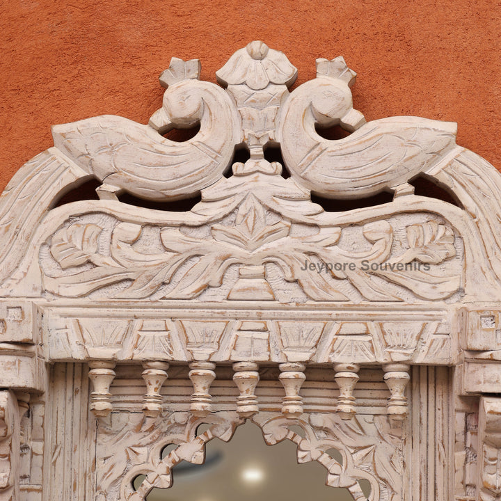 Vintage Peacock Design Jharokha Wall Mirror with Distressed White Finish