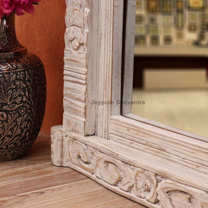 Vintage Peacock Design Jharokha Wall Mirror with Distressed White Finish