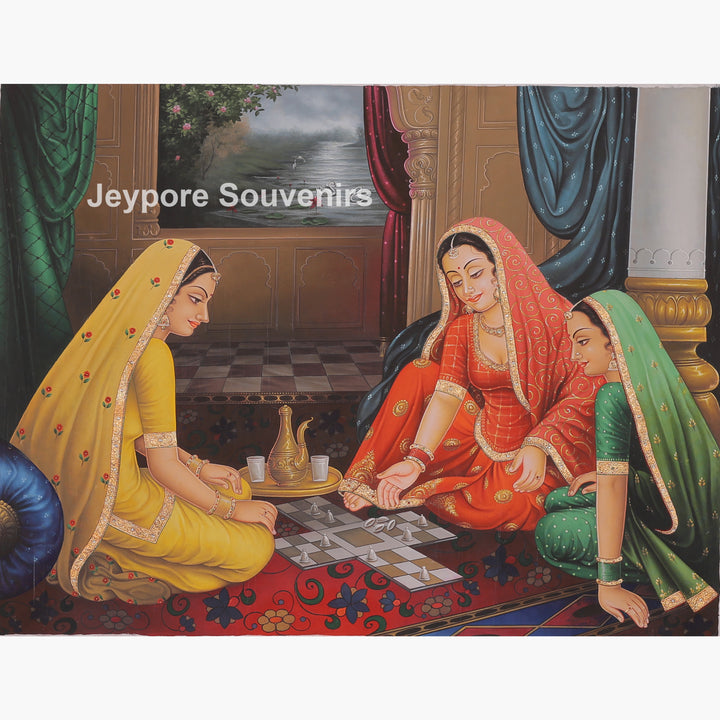Handcrafted Ladies Playing Chausar Canvas Painting
