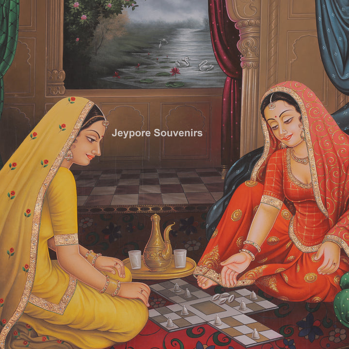 Handcrafted Ladies Playing Chausar Canvas Painting