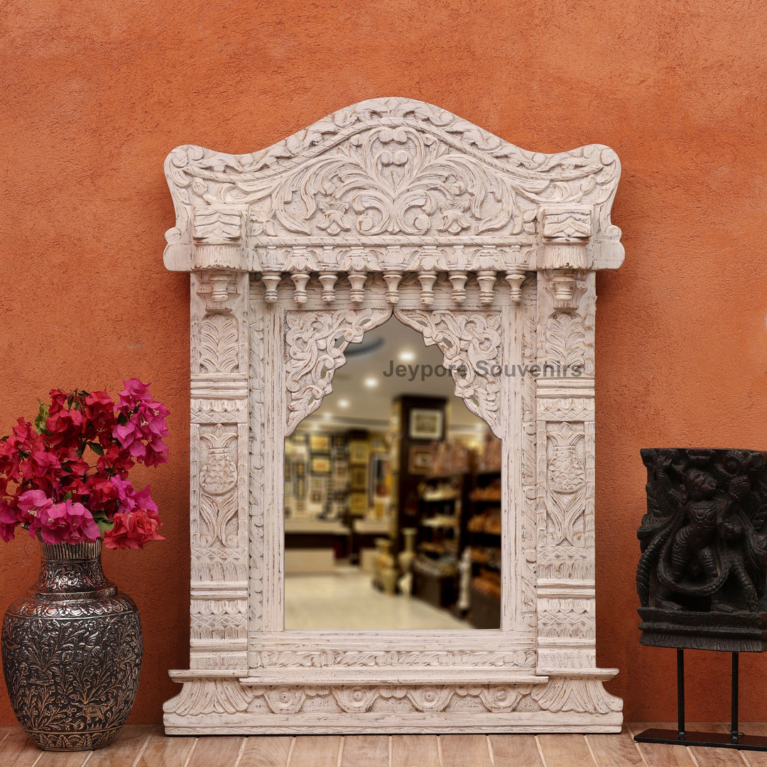 Vintage Jharokha Wall Mirror with Distressed White Finish