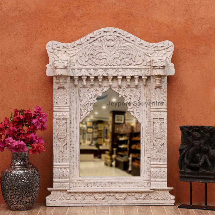 Vintage Jharokha Wall Mirror with Distressed White Finish