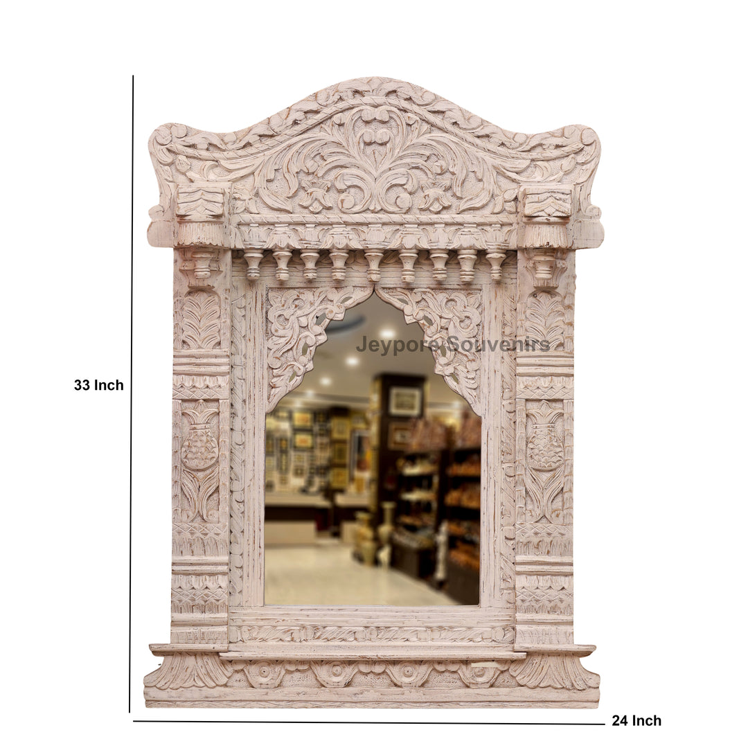 Vintage Jharokha Wall Mirror with Distressed White Finish