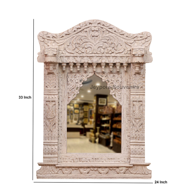 Vintage Jharokha Wall Mirror with Distressed White Finish