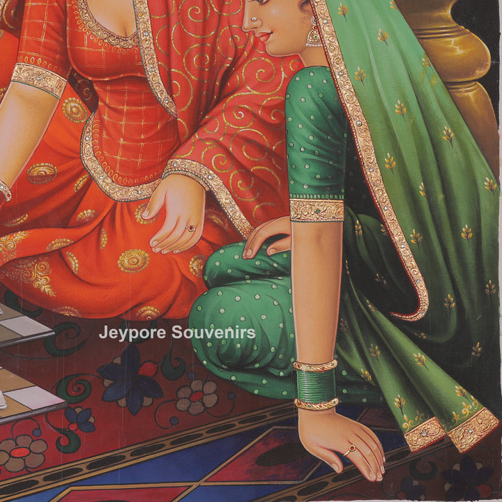 Handcrafted Ladies Playing Chausar Canvas Painting
