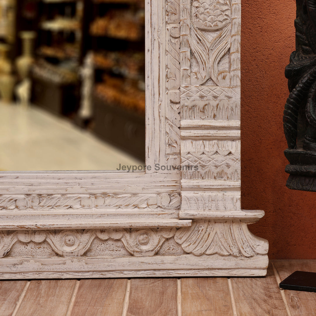 Vintage Jharokha Wall Mirror with Distressed White Finish