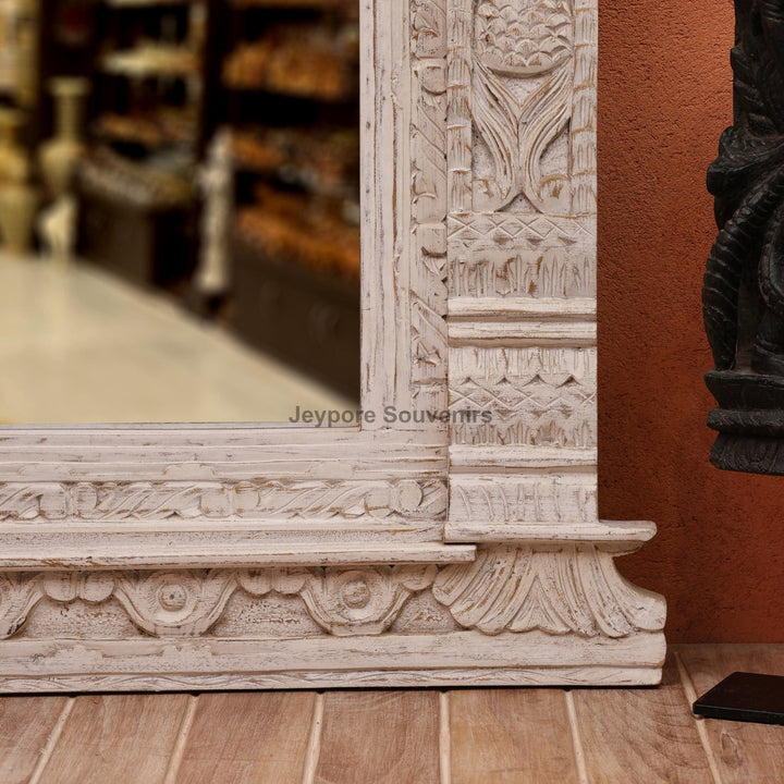 Vintage Jharokha Wall Mirror with Distressed White Finish
