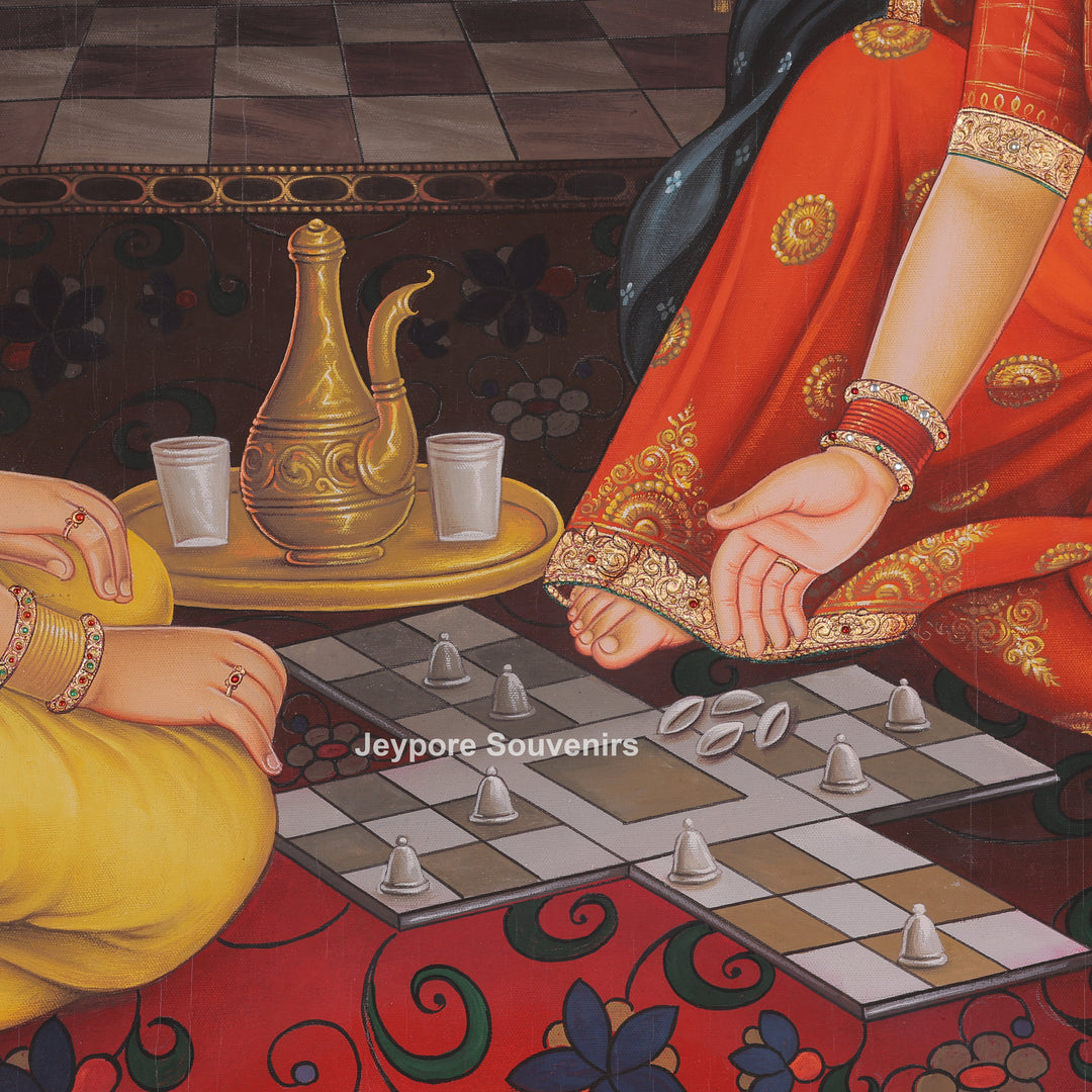 Handcrafted Ladies Playing Chausar Canvas Painting