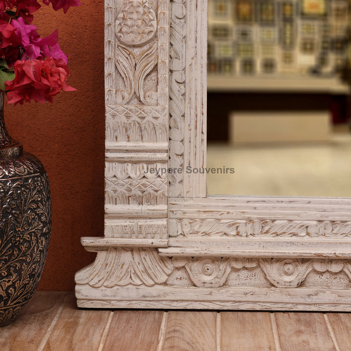 Vintage Jharokha Wall Mirror with Distressed White Finish