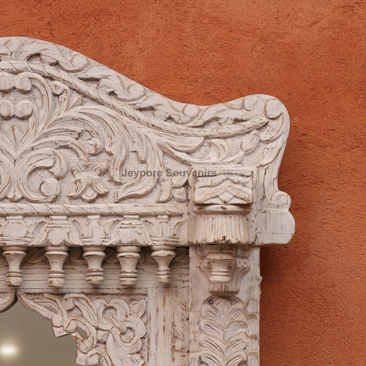 Vintage Jharokha Wall Mirror with Distressed White Finish