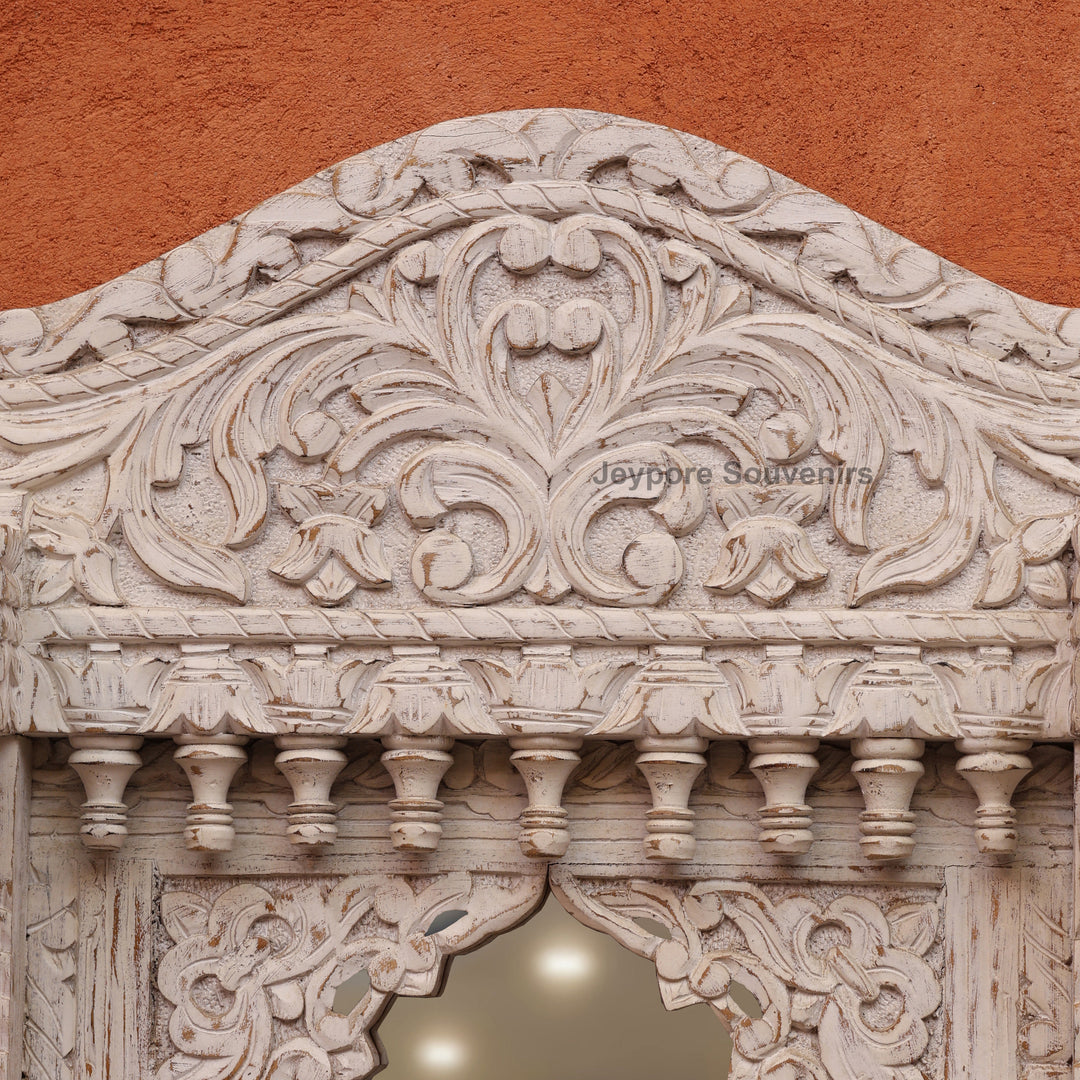 Vintage Jharokha Wall Mirror with Distressed White Finish