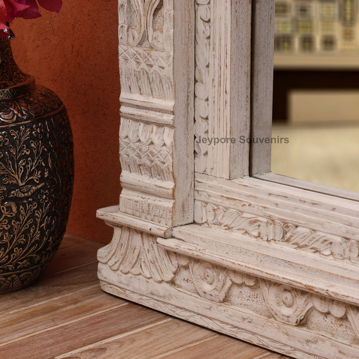 Vintage Jharokha Wall Mirror with Distressed White Finish
