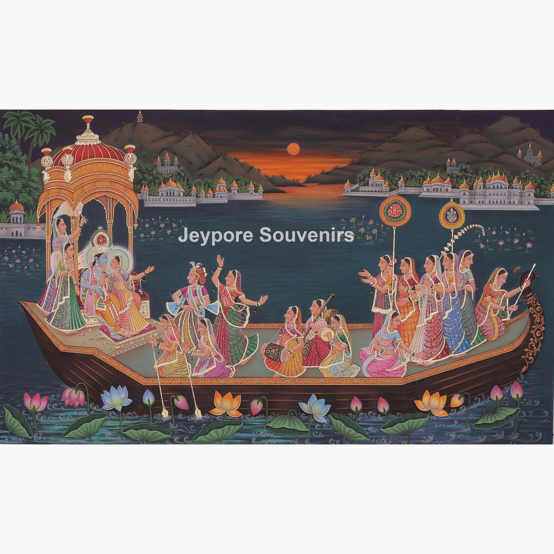 Nauka Vihar Canvas Painting With Radha, Krishna &amp; Gopis