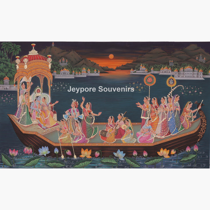 Nauka Vihar Canvas Painting With Radha, Krishna &amp; Gopis