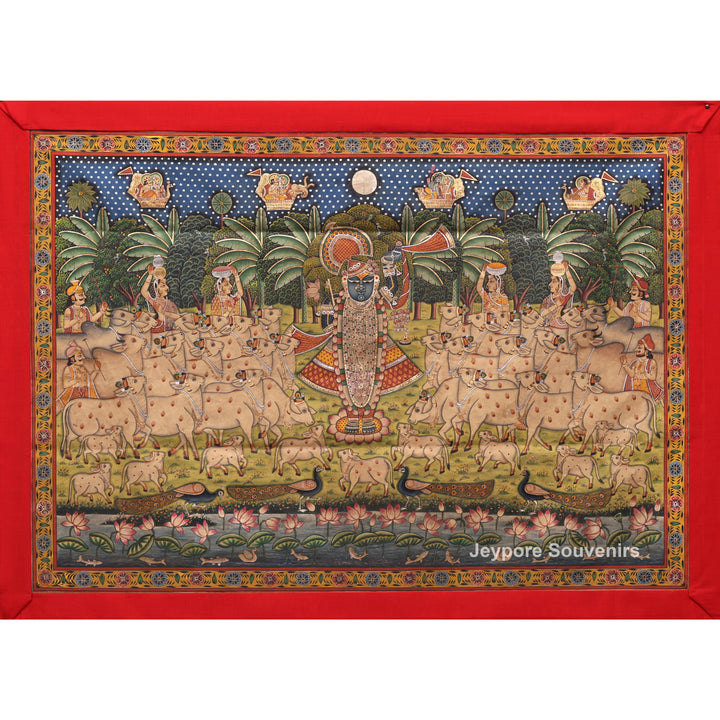 Handcrafted Pichwai Cow And Shrinathji Painting on Cotton Cloth