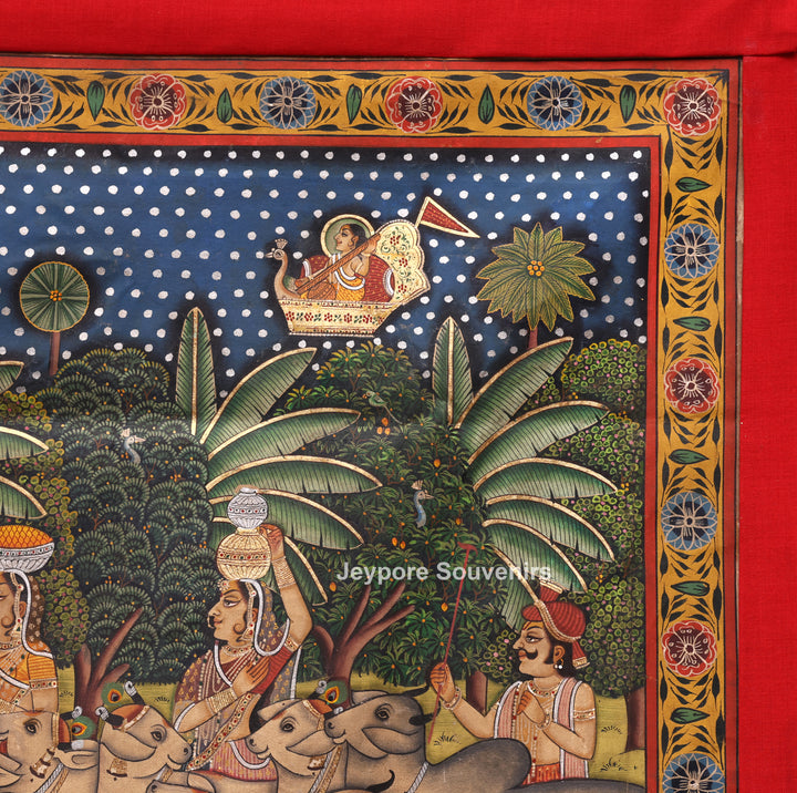 Handcrafted Pichwai Cow And Shrinathji Painting on Cotton Cloth