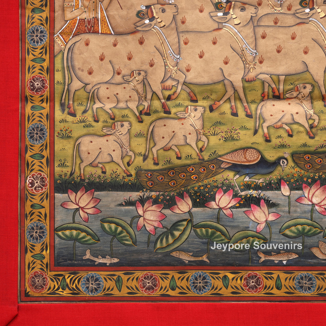 Handcrafted Pichwai Cow And Shrinathji Painting on Cotton Cloth