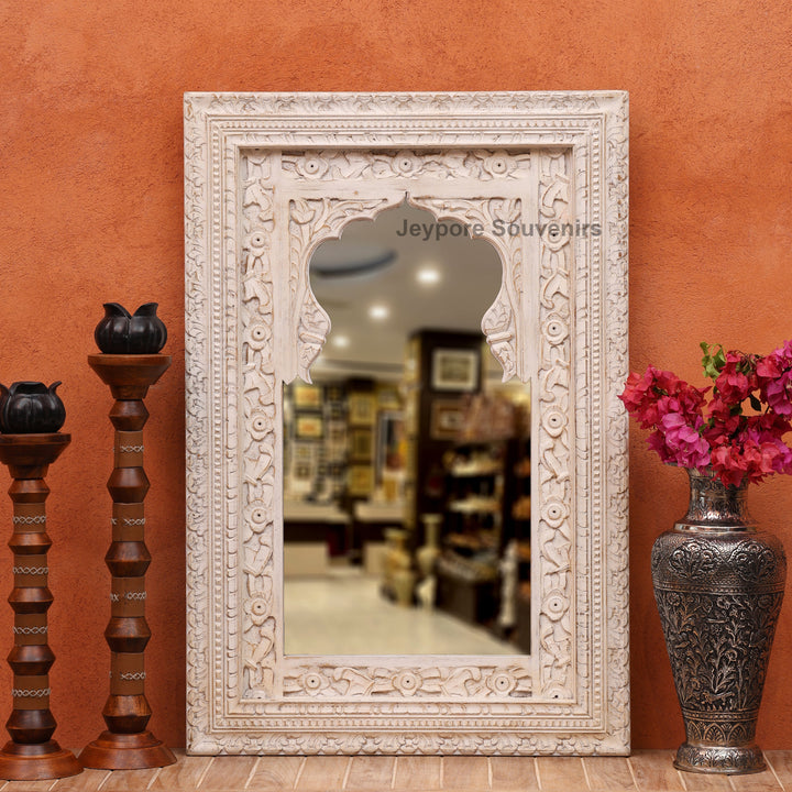 Hand-Carved Wooden Jharokha Wall Mirror with Distressed White Finish