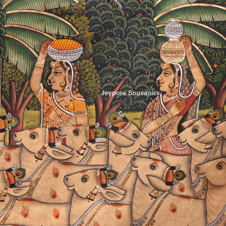 Handcrafted Pichwai Cow And Shrinathji Painting on Cotton Cloth
