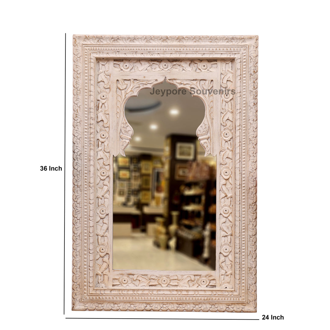Hand-Carved Wooden Jharokha Wall Mirror with Distressed White Finish
