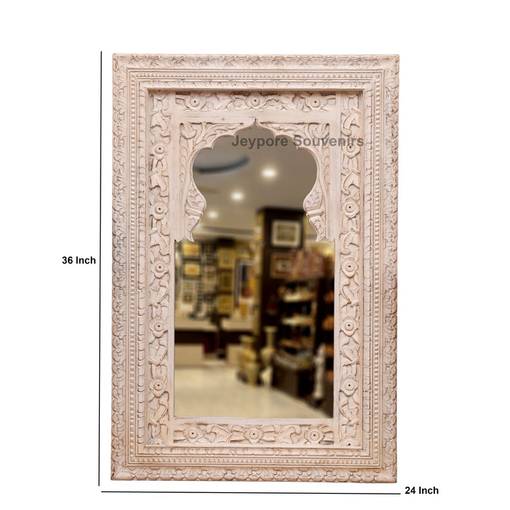 Hand-Carved Wooden Jharokha Wall Mirror with Distressed White Finish