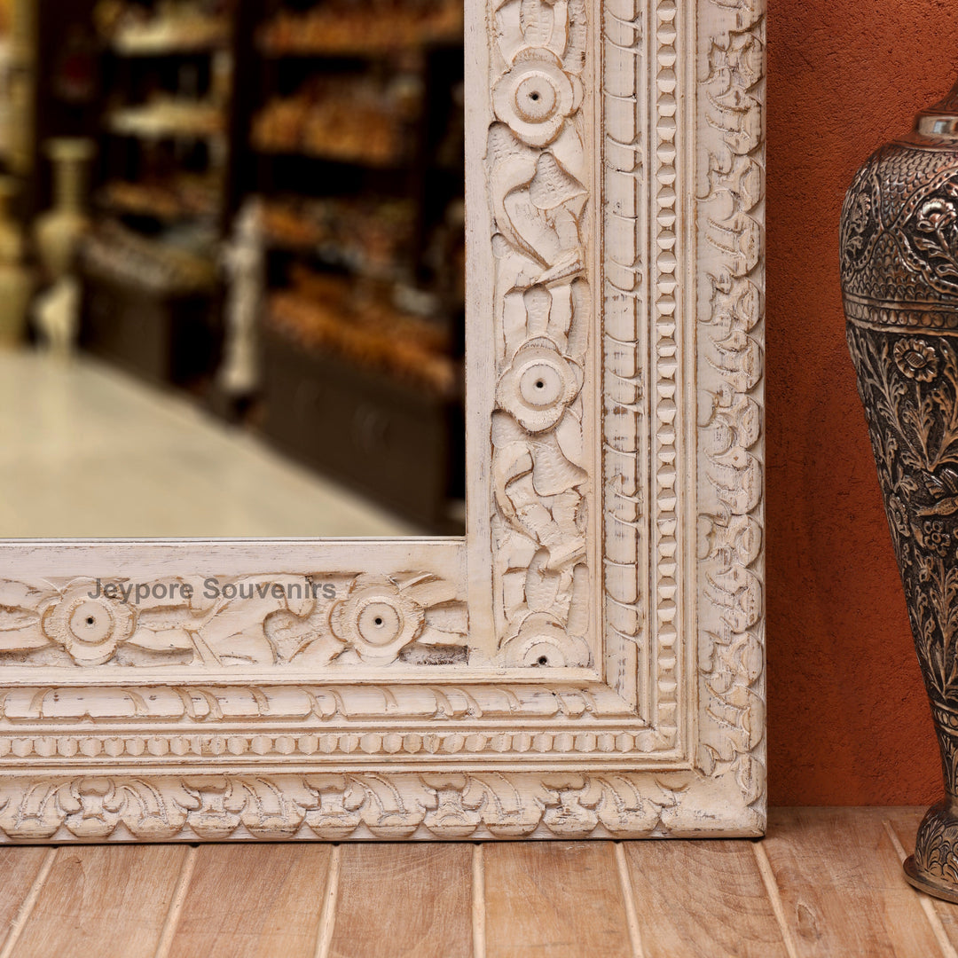 Hand-Carved Wooden Jharokha Wall Mirror with Distressed White Finish