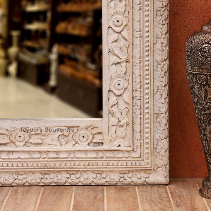 Hand-Carved Wooden Jharokha Wall Mirror with Distressed White Finish