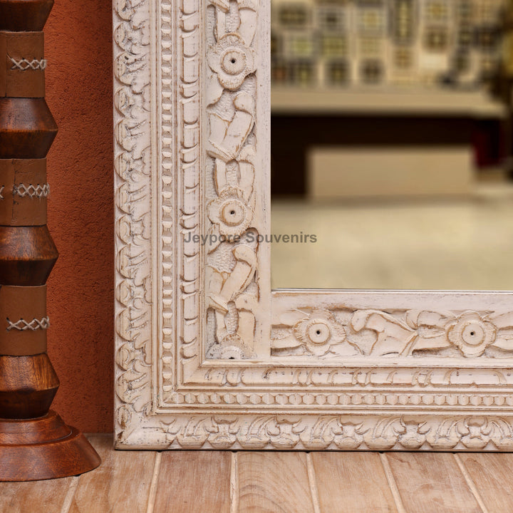 Hand-Carved Wooden Jharokha Wall Mirror with Distressed White Finish