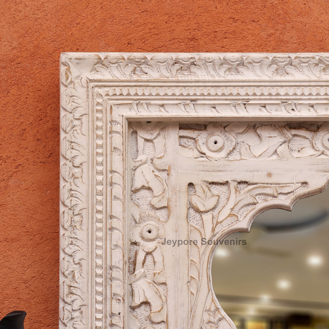 Hand-Carved Wooden Jharokha Wall Mirror with Distressed White Finish