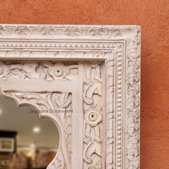Hand-Carved Wooden Jharokha Wall Mirror with Distressed White Finish