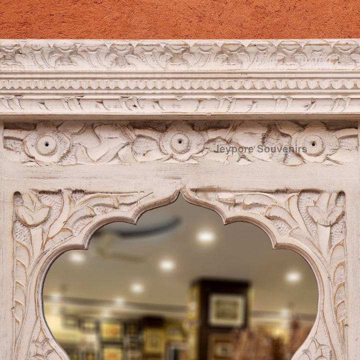 Hand-Carved Wooden Jharokha Wall Mirror with Distressed White Finish