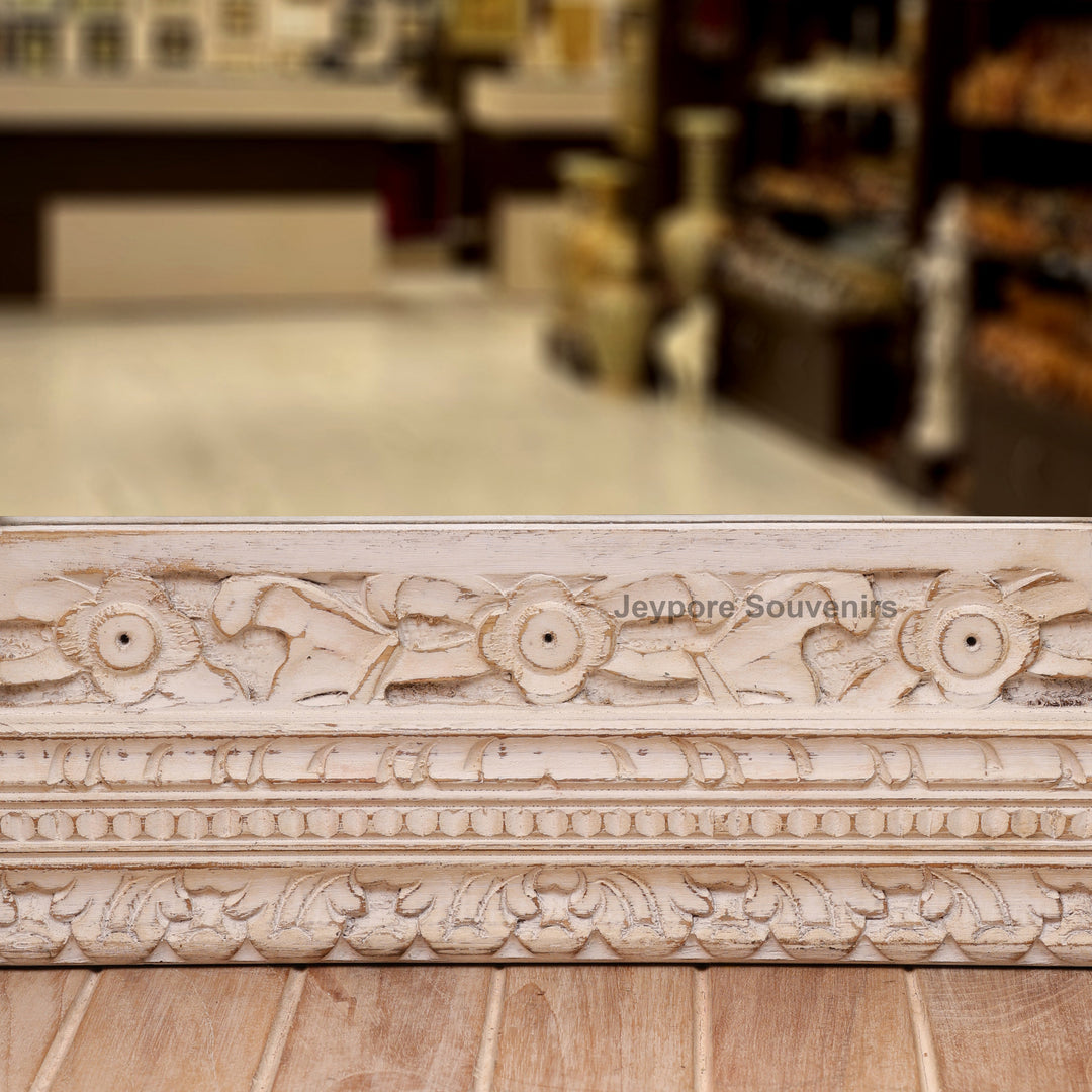 Hand-Carved Wooden Jharokha Wall Mirror with Distressed White Finish
