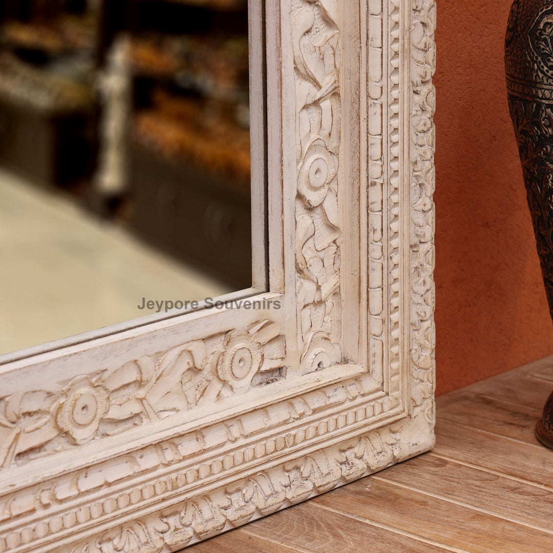 Hand-Carved Wooden Jharokha Wall Mirror with Distressed White Finish