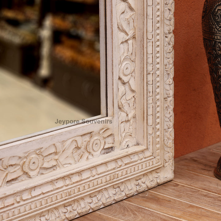 Hand-Carved Wooden Jharokha Wall Mirror with Distressed White Finish