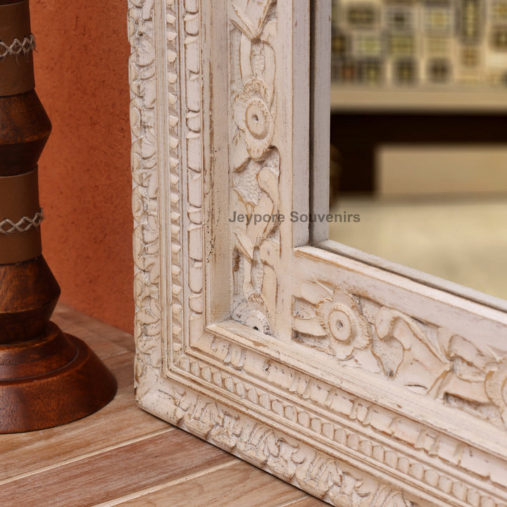 Hand-Carved Wooden Jharokha Wall Mirror with Distressed White Finish