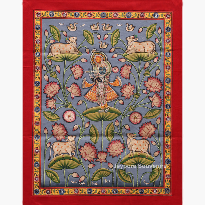 Handcrafted Pichwai Shrinathji Lotus Painting on Cotton Cloth