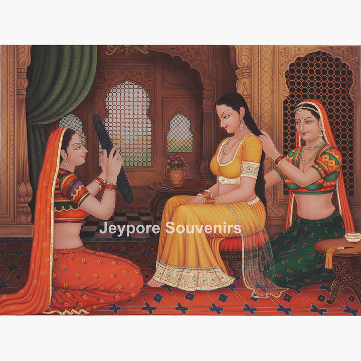 Rajasthani queen Ready in a Mirror – Hand-Painted Canvas Painting