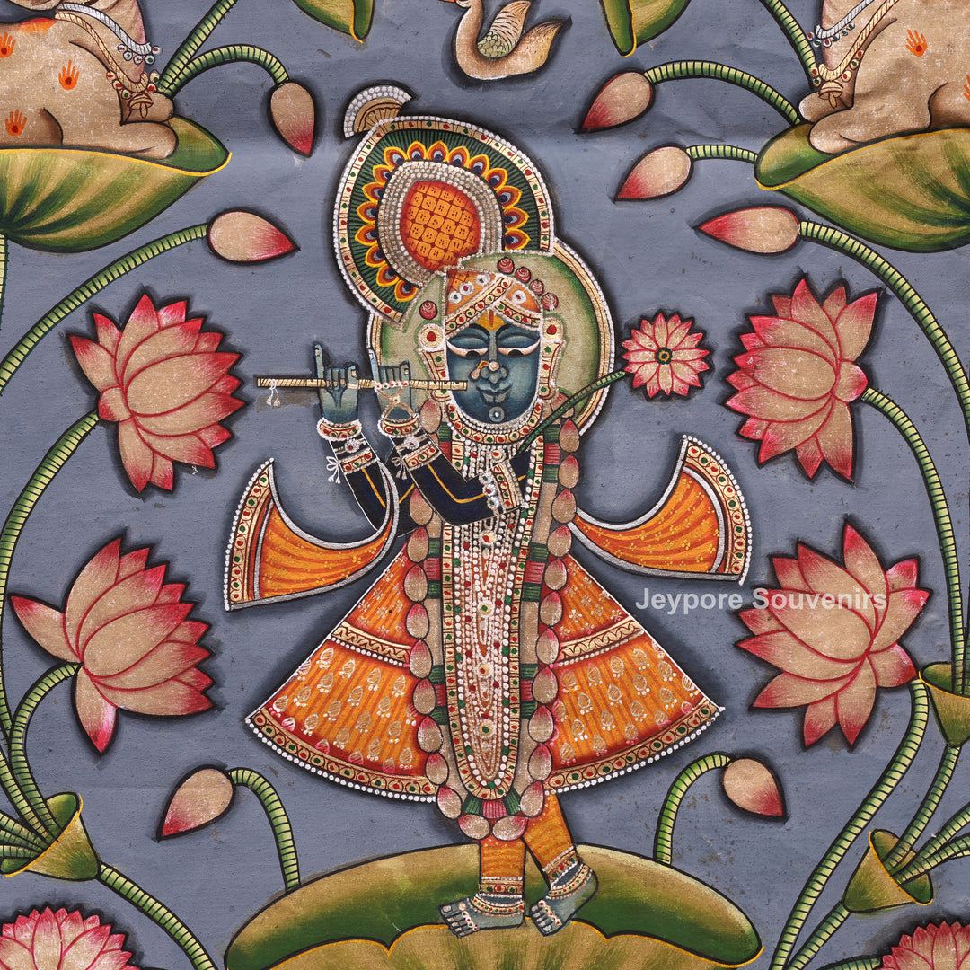Handcrafted Pichwai Shrinathji Lotus Painting on Cotton Cloth