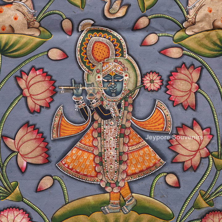 Handcrafted Pichwai Shrinathji Lotus Painting on Cotton Cloth
