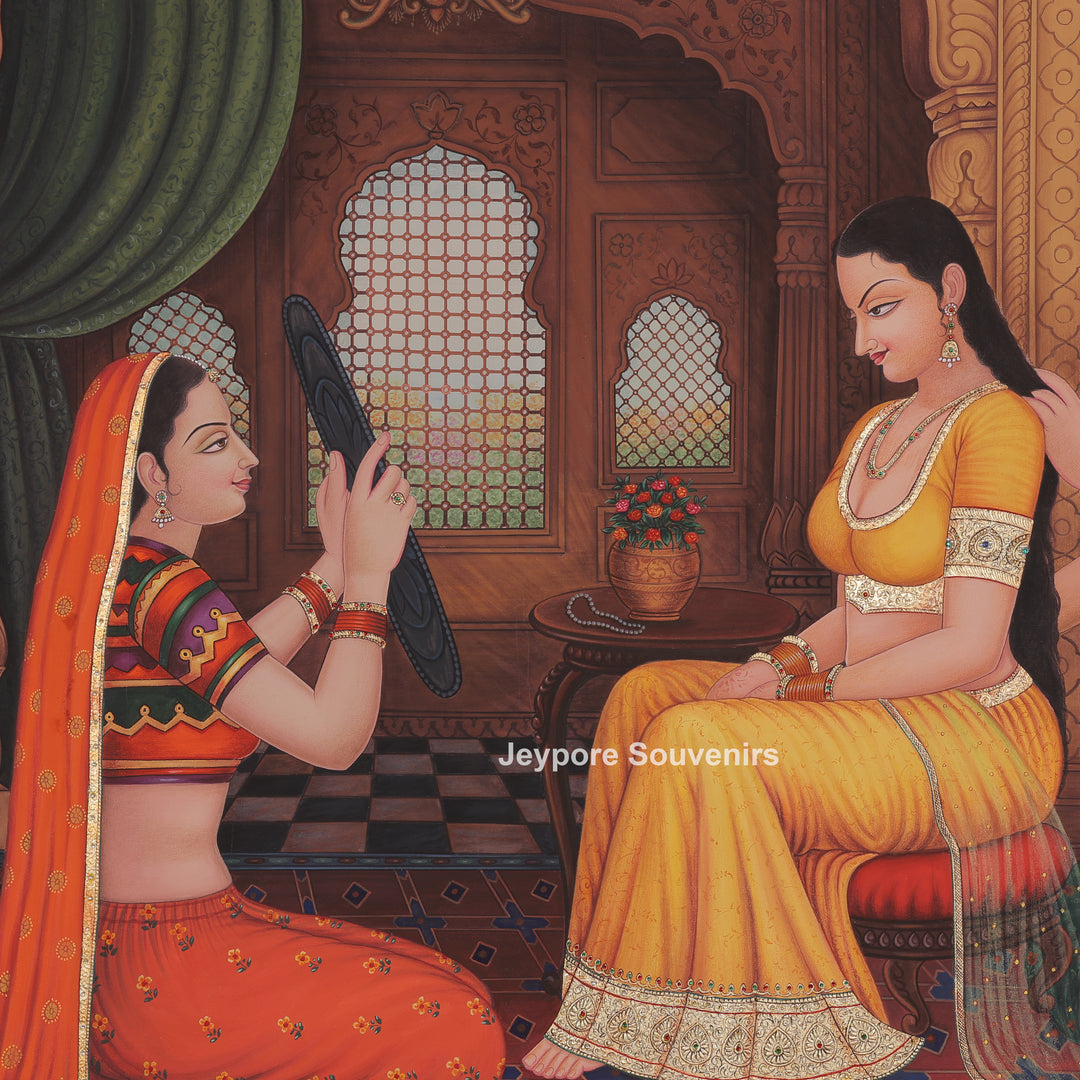Rajasthani queen Ready in a Mirror – Hand-Painted Canvas Painting