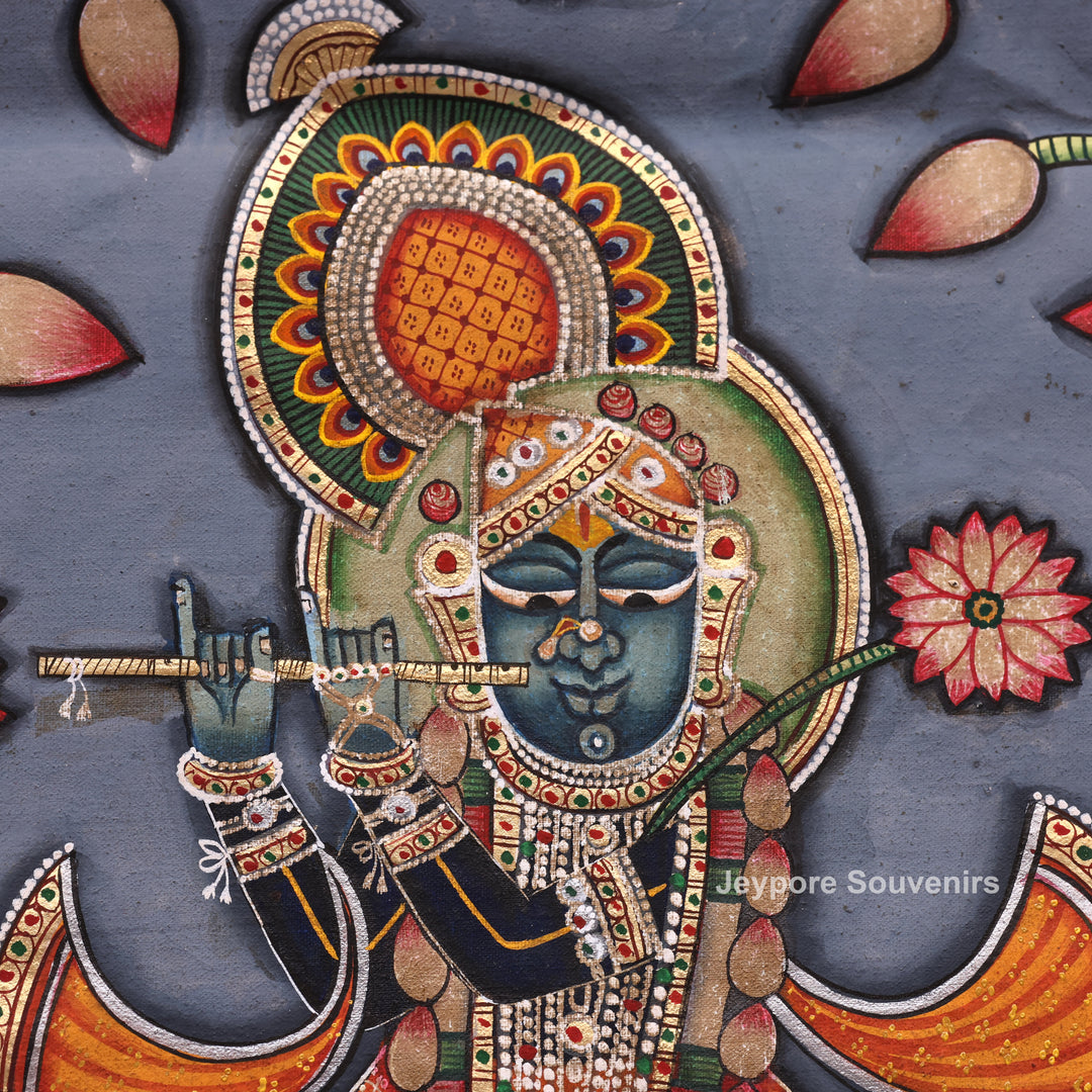 Handcrafted Pichwai Shrinathji Lotus Painting on Cotton Cloth