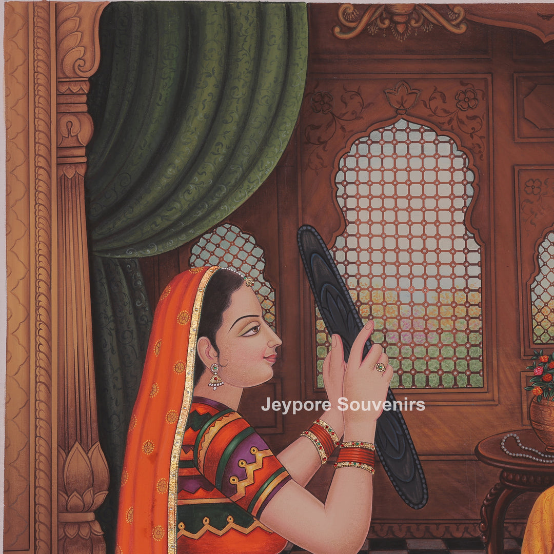Rajasthani queen Ready in a Mirror – Hand-Painted Canvas Painting