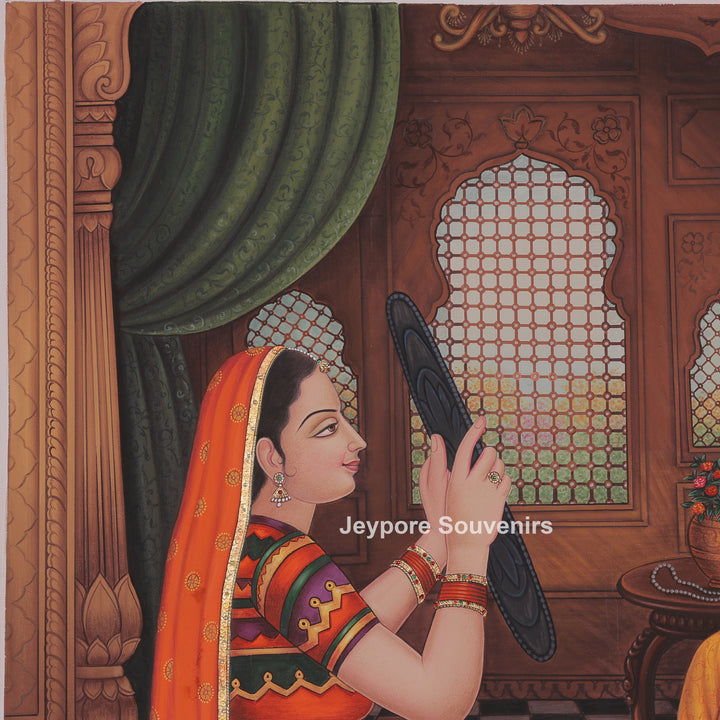 Rajasthani queen Ready in a Mirror – Hand-Painted Canvas Painting