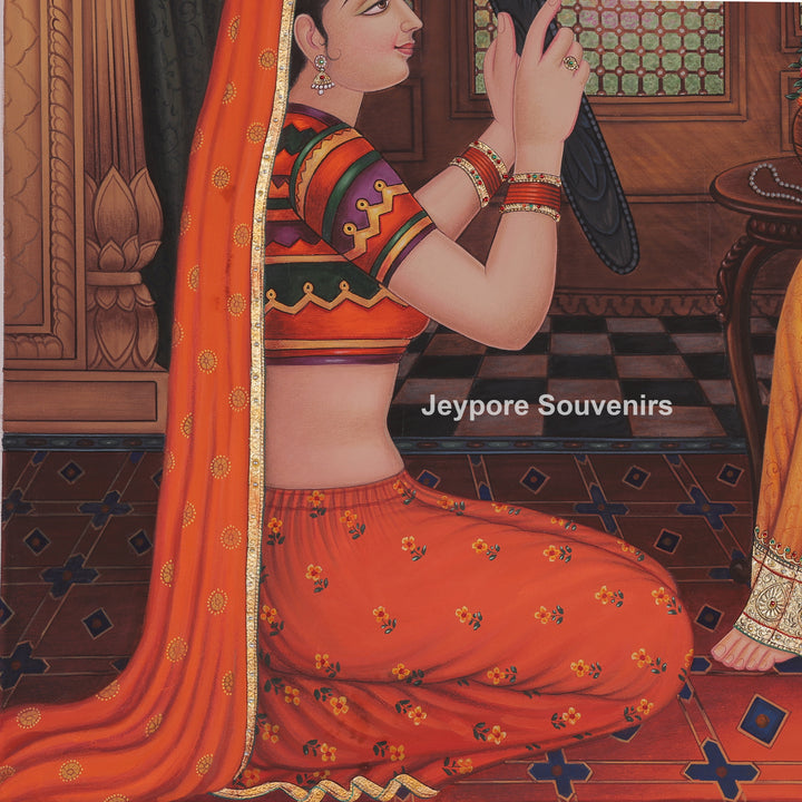 Rajasthani queen Ready in a Mirror – Hand-Painted Canvas Painting