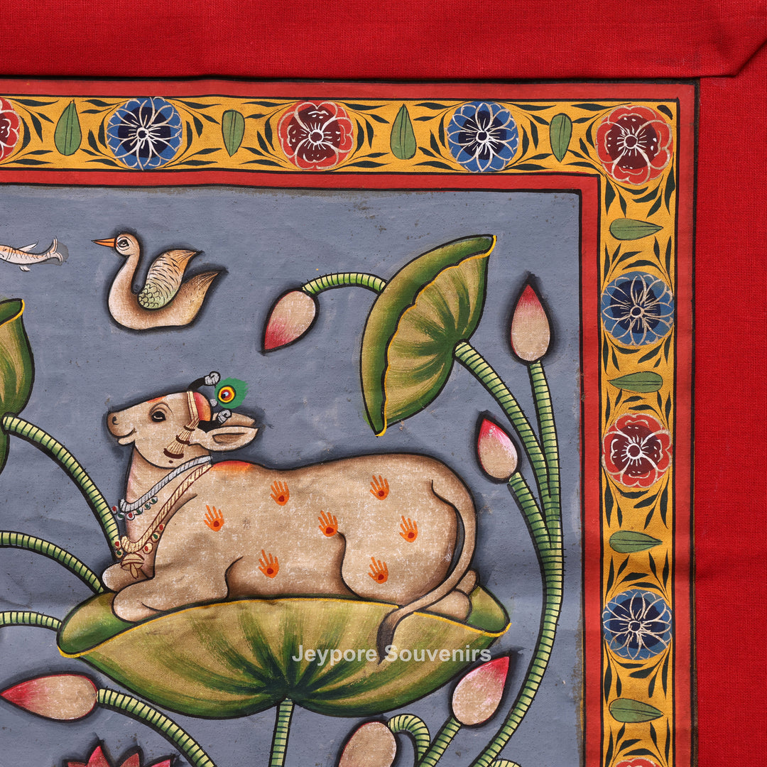 Handcrafted Pichwai Shrinathji Lotus Painting on Cotton Cloth