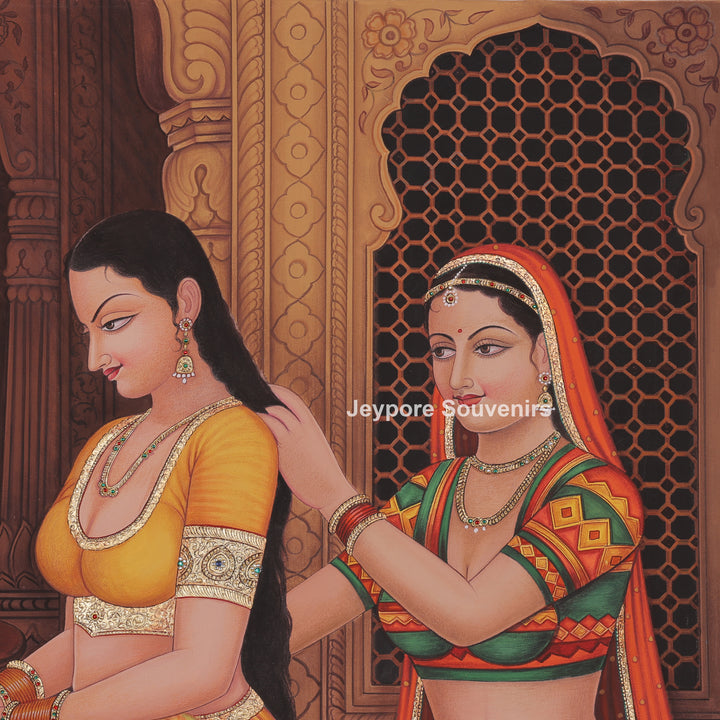 Rajasthani queen Ready in a Mirror – Hand-Painted Canvas Painting